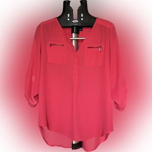 Neon coral blouse w adjustable sleeves
